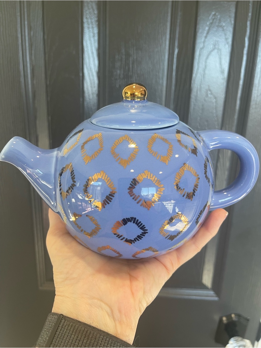 Blue Ceramic Teapot with Gold Squiggly Accents
